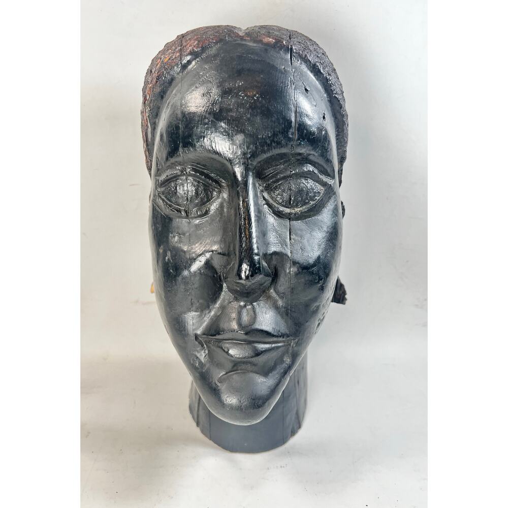 Vintage Hand-Carved Wood Bust – Folk Art Outsider Primitive Americans Sculpture